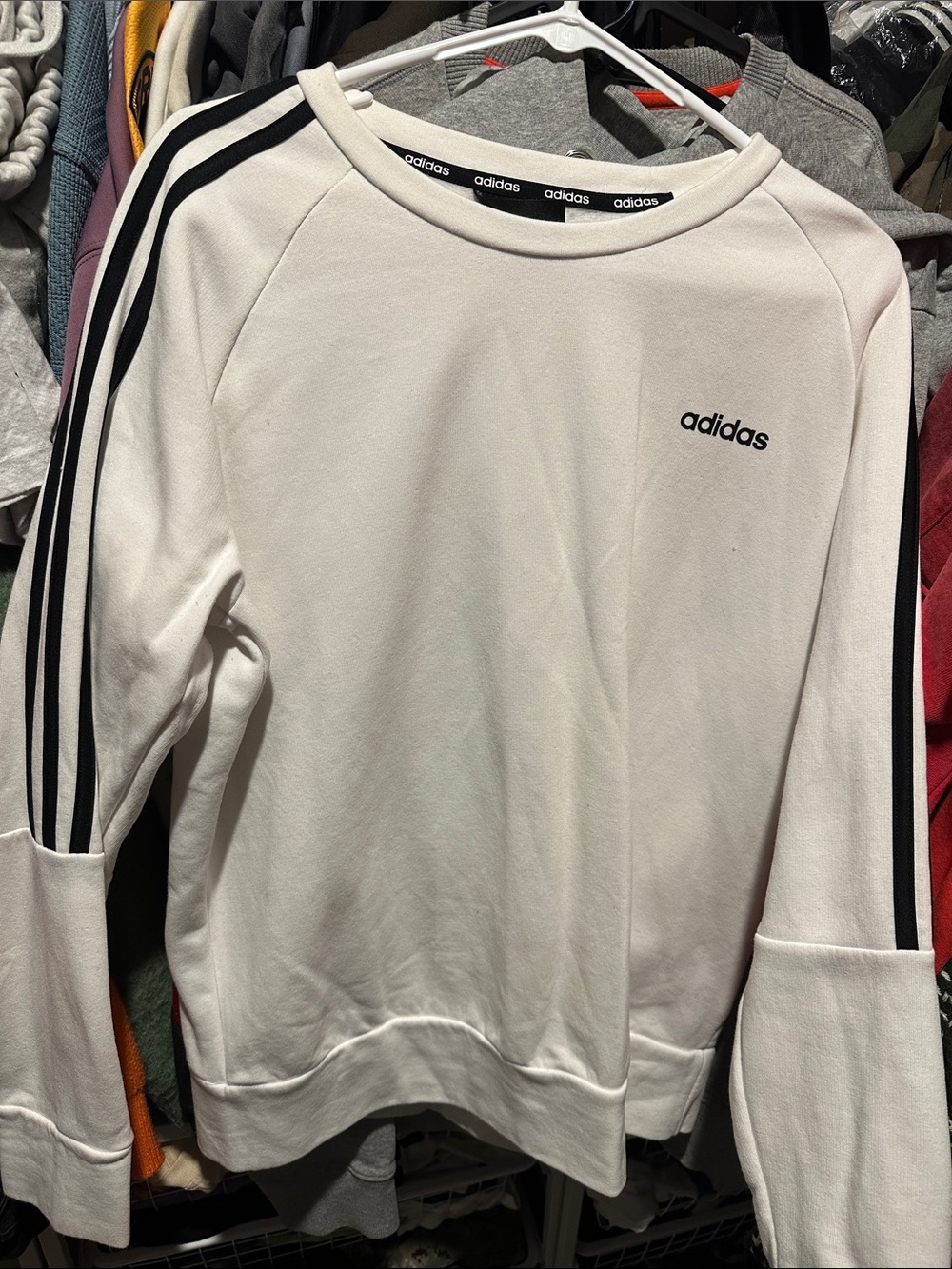 adidas White Crewneck Sweatshirt with Black Stripes